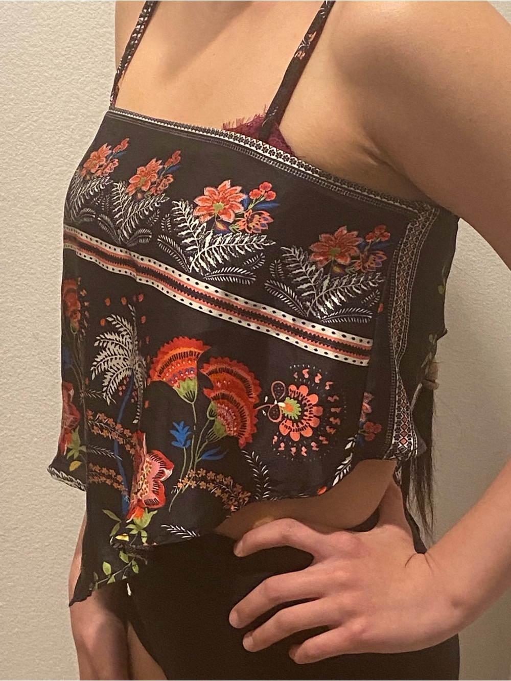Black Floral Handkerchief Crop Top with Bright Botanical Print
